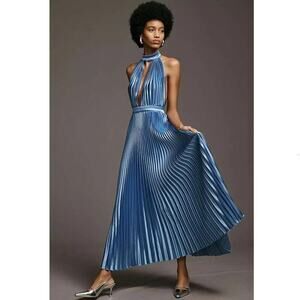 L'idee Women's Chateau Pleated Satin Halter Gown Medit Blue Size 12 NWT